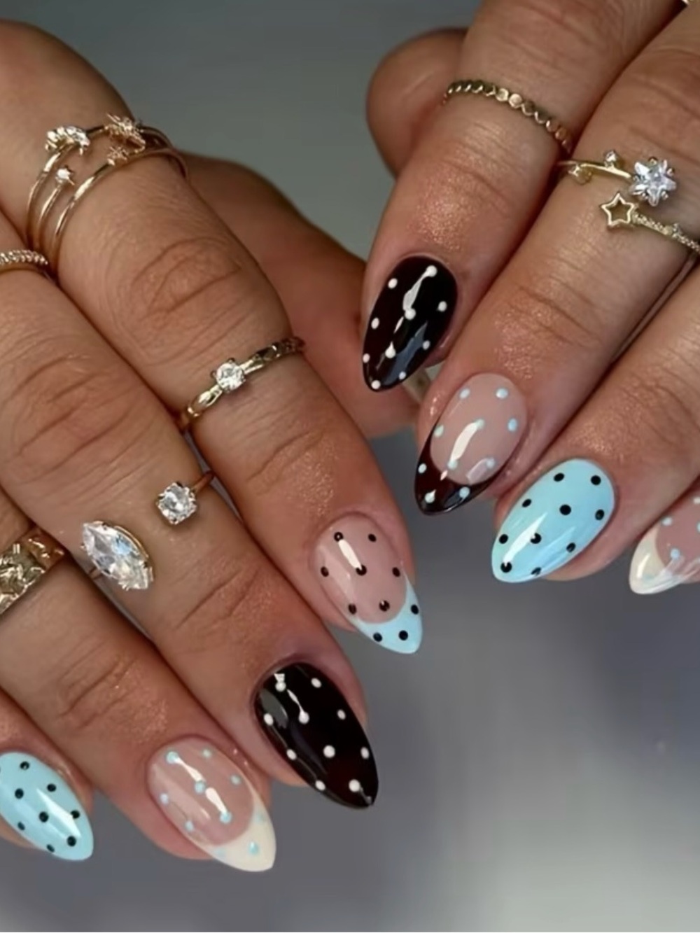 Polka Dot Almond Nail Set in Black & Baby Blue - Set of 24